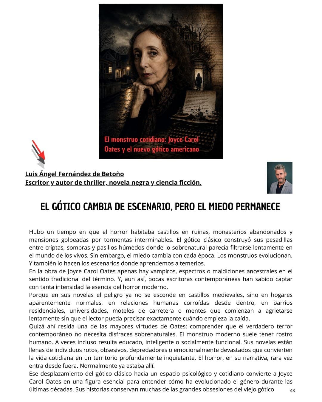 Página 43 de Cuaderno Literario con el inicio del artículo sobre Joyce Carol Oates