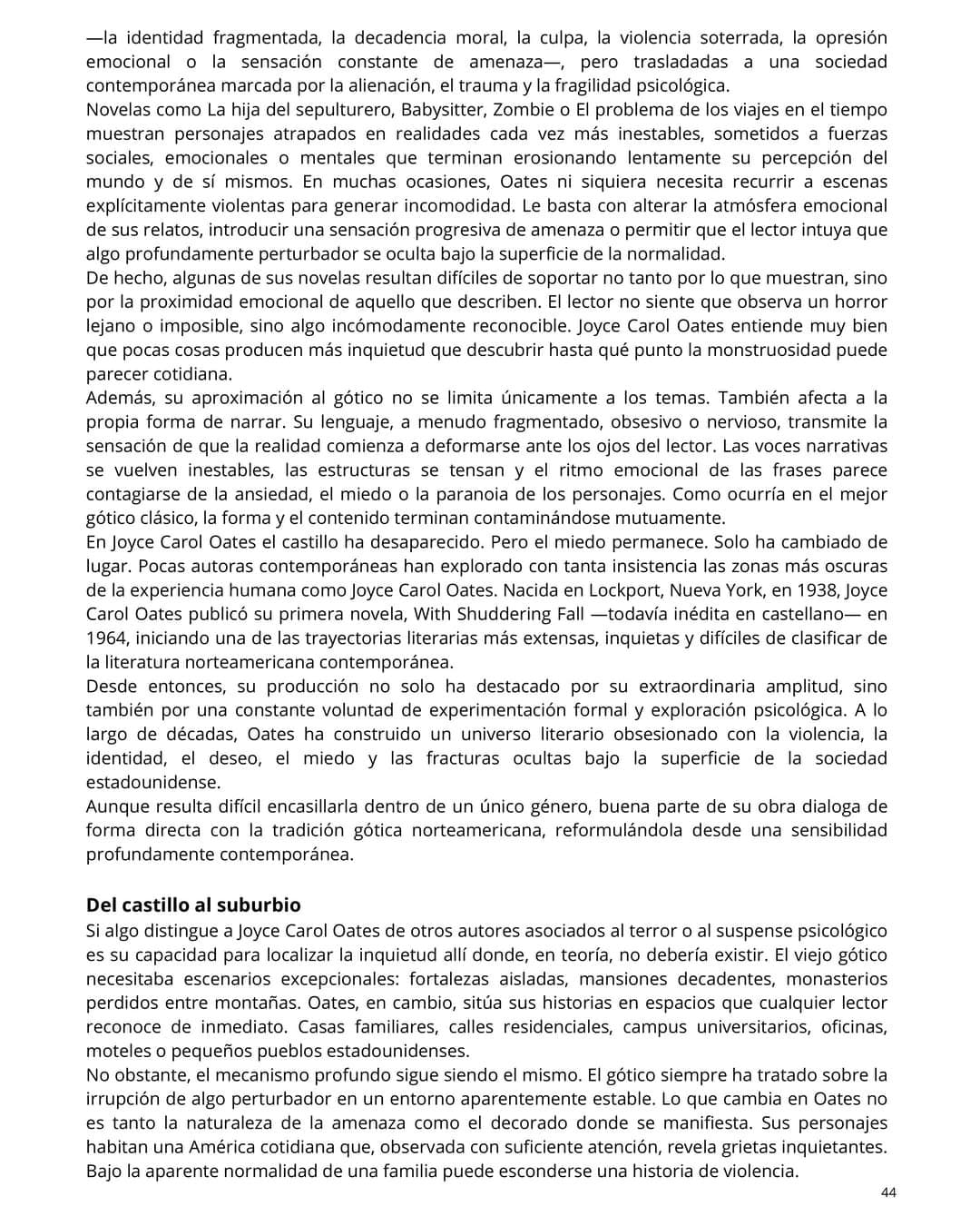 Página 44 de Cuaderno Literario con la continuación del artículo sobre Joyce Carol Oates