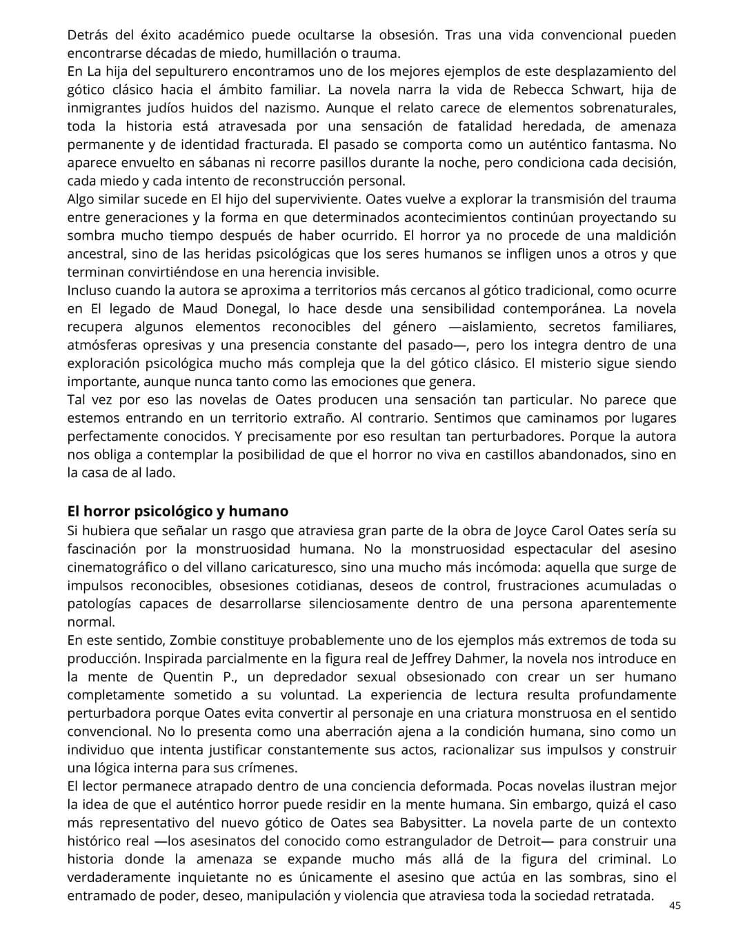 Página 45 de Cuaderno Literario con el apartado sobre horror psicológico y humano