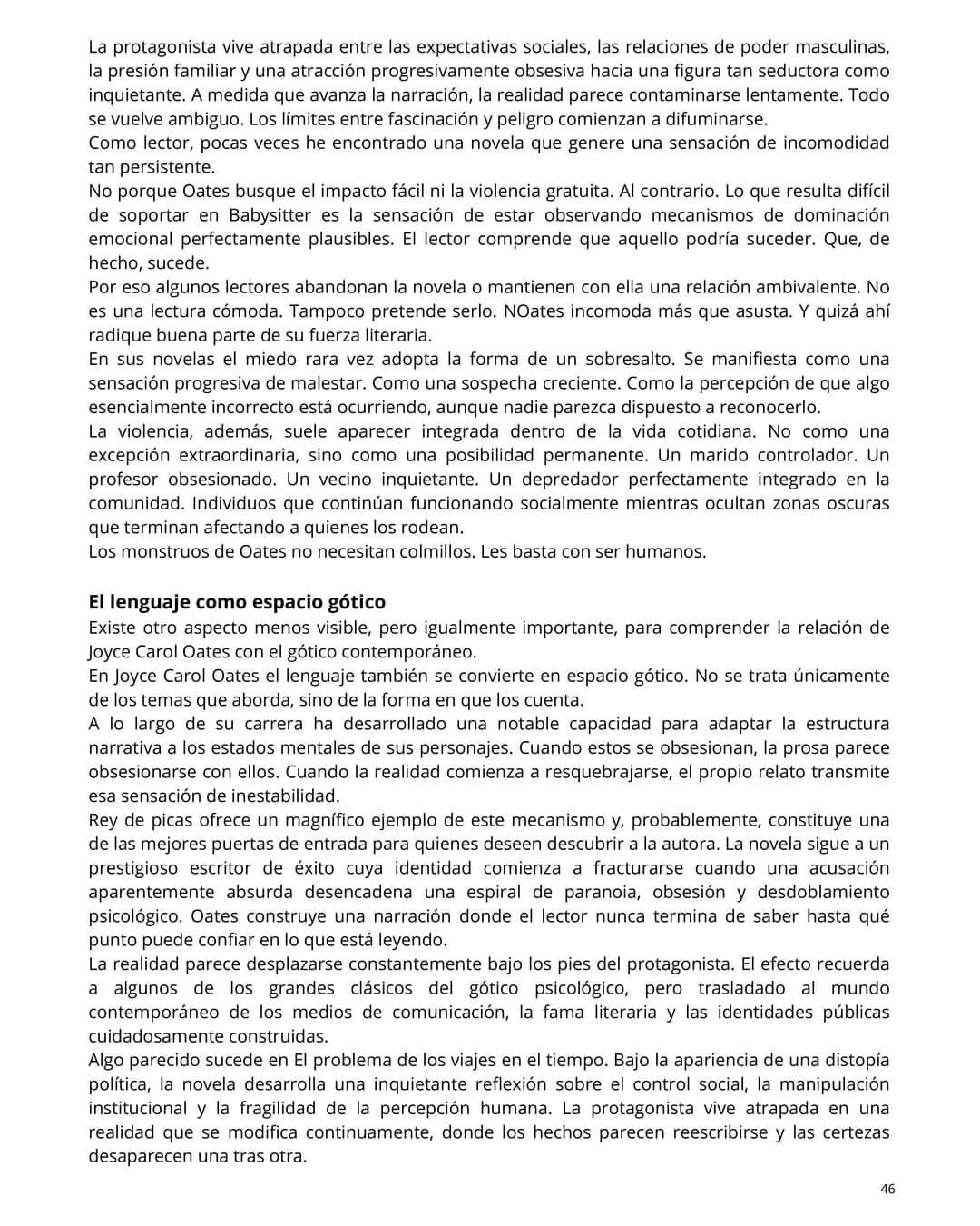 Página 46 de Cuaderno Literario con el apartado sobre el lenguaje como espacio gótico